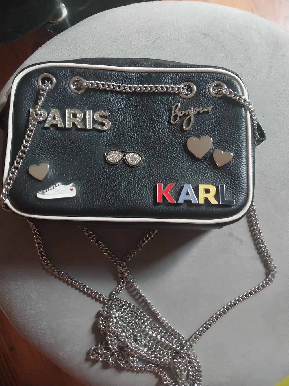 Karl Lagerfeld Black Crossbody Bag with Multicolor Lettering and Silver Hardware